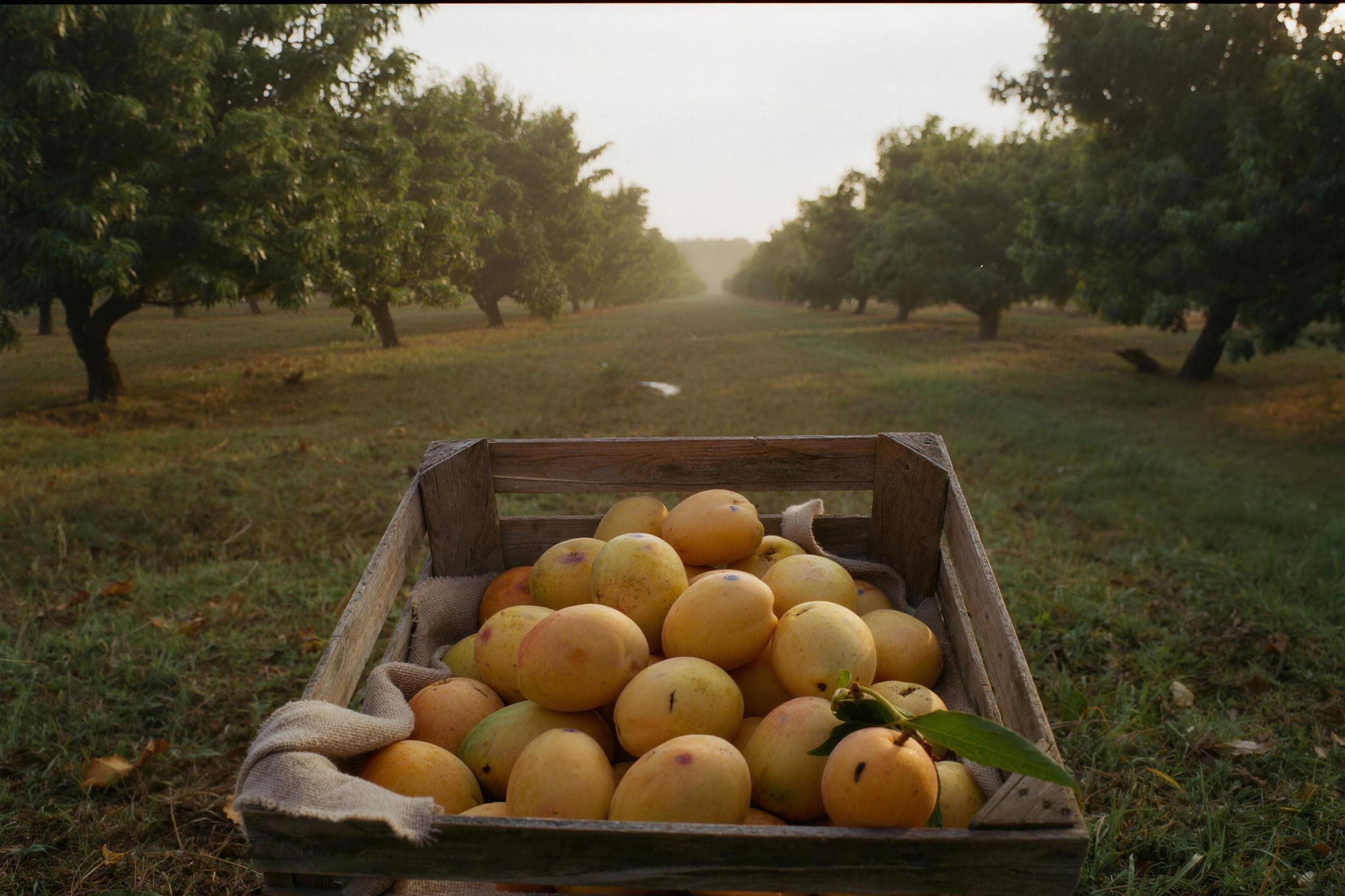 Golden Pakistani mangoes resting in burlap in the orchard at first light
