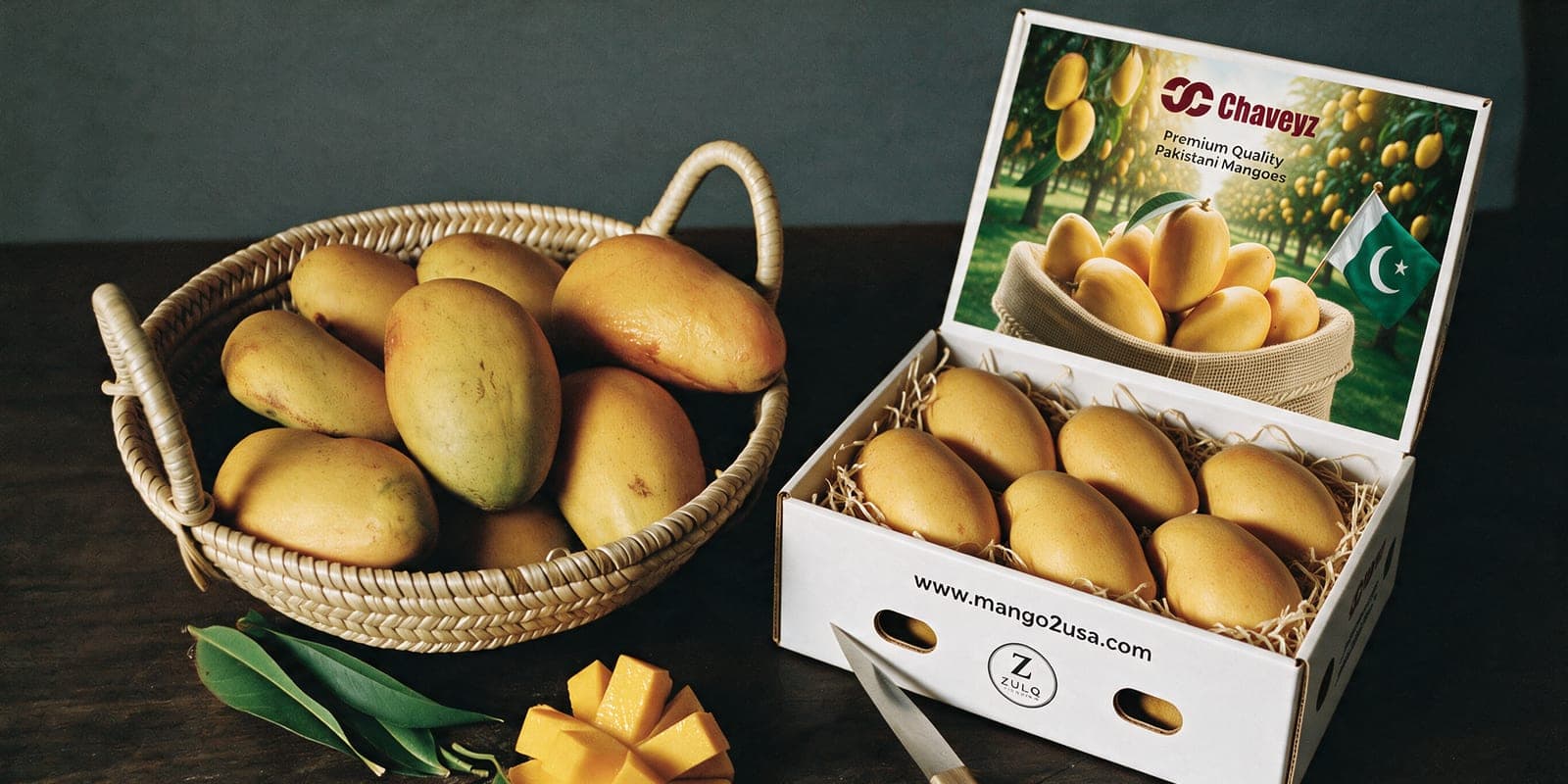 An open Chaveyz box holding six ripe mangoes, beside a basket of fruit and a freshly cut mango