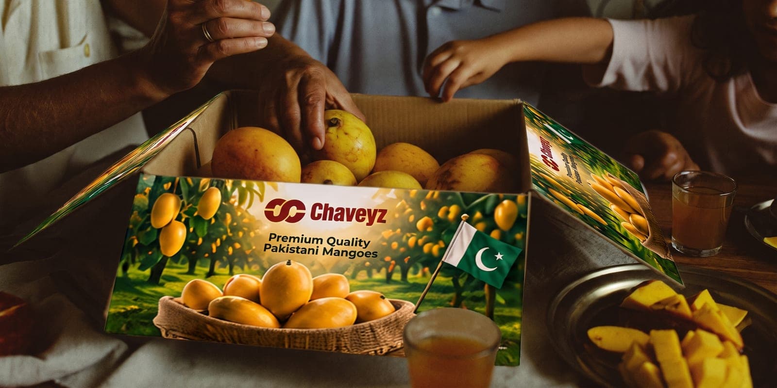 A family sharing a freshly opened box of mangoes around the table