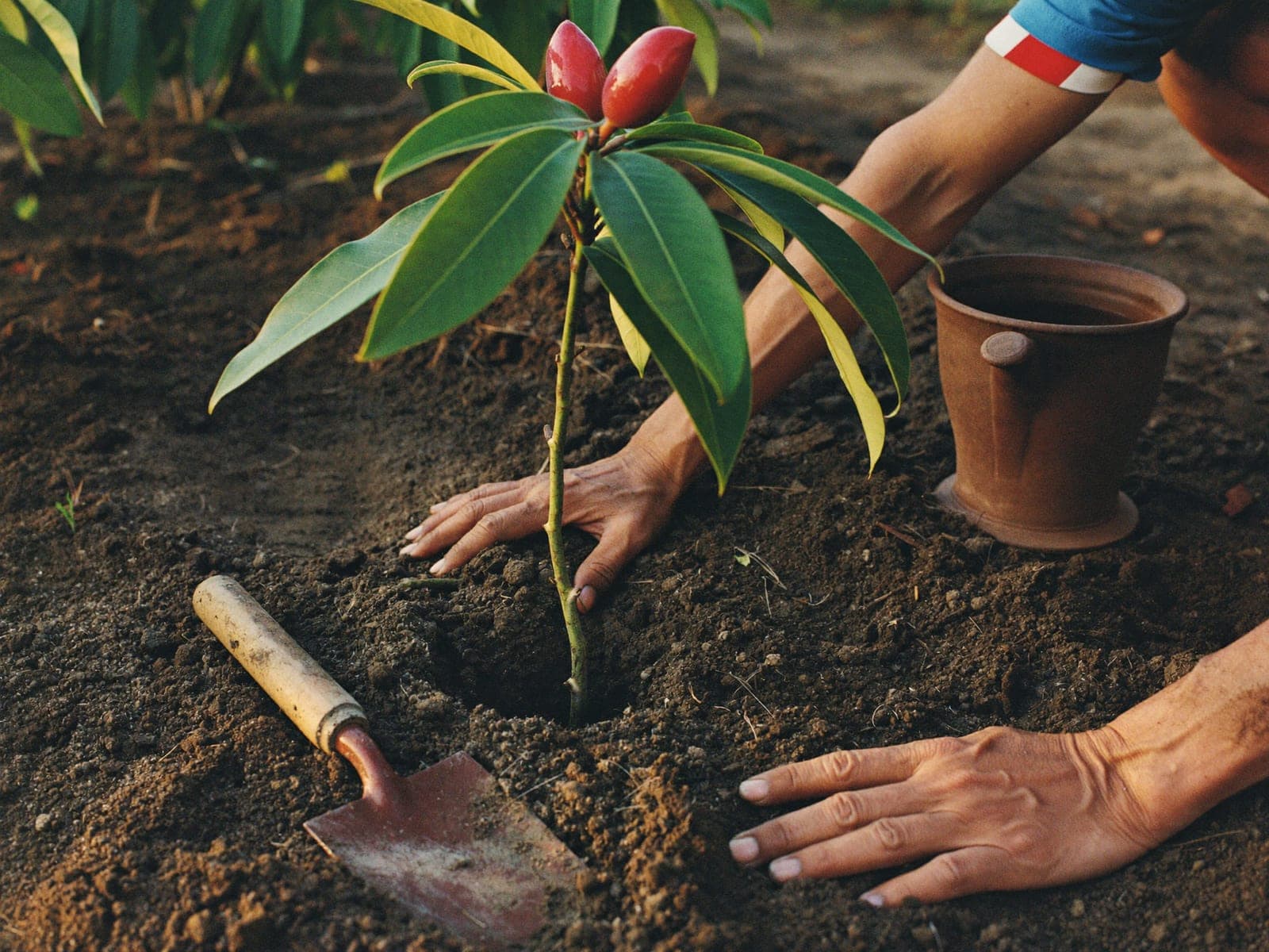 A grower's cupped hands holding rich orchard soil with a young seedling